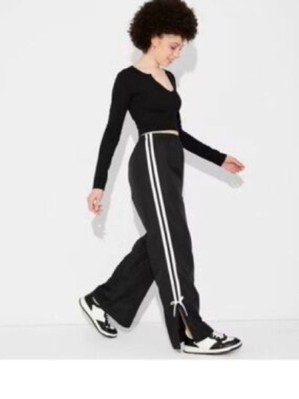 Black White Side Stripe Wide Leg Track Pants XS Bow Detail